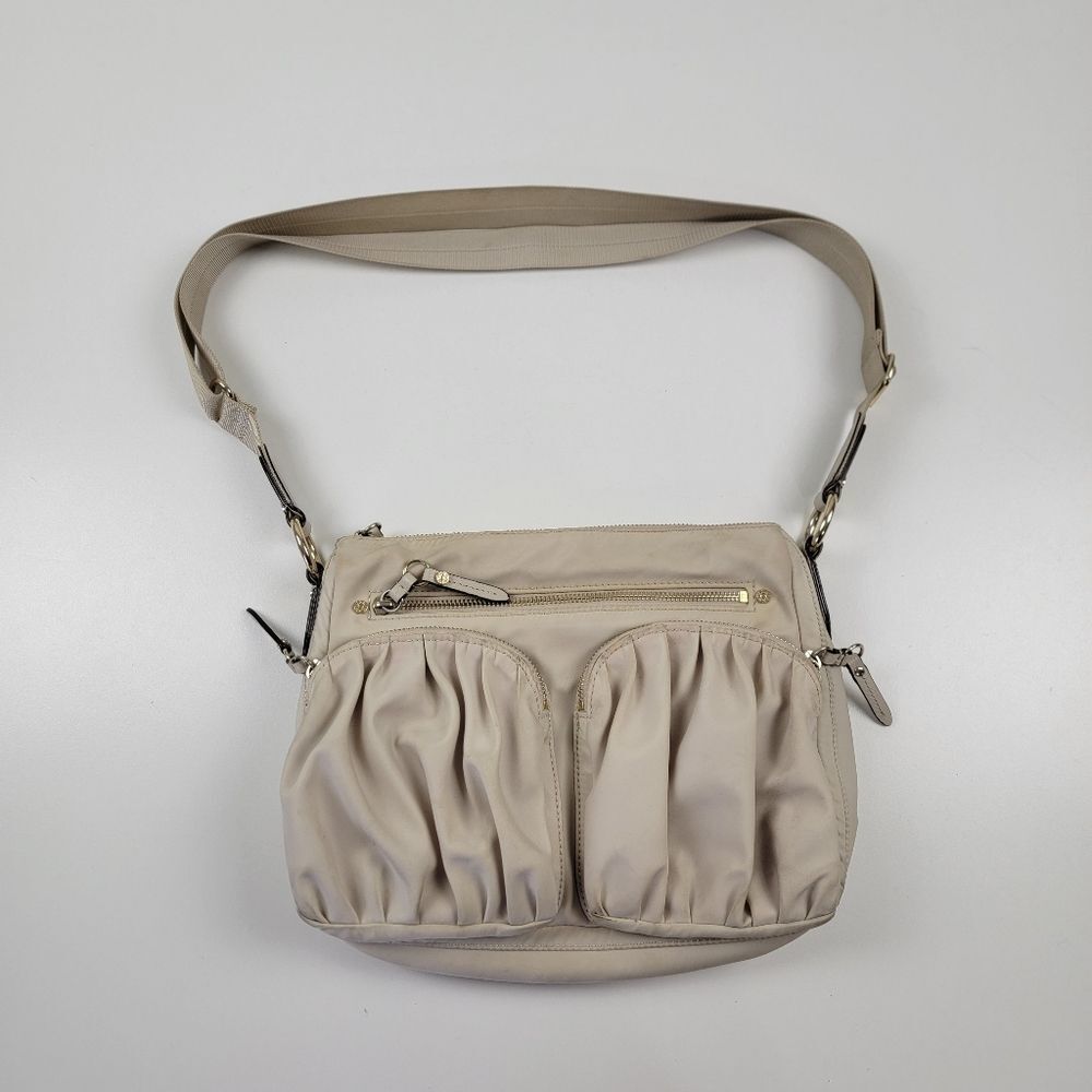 MZ Wallace Nylon Leather Trim Beige Crossbody Bag Purse Shoulder